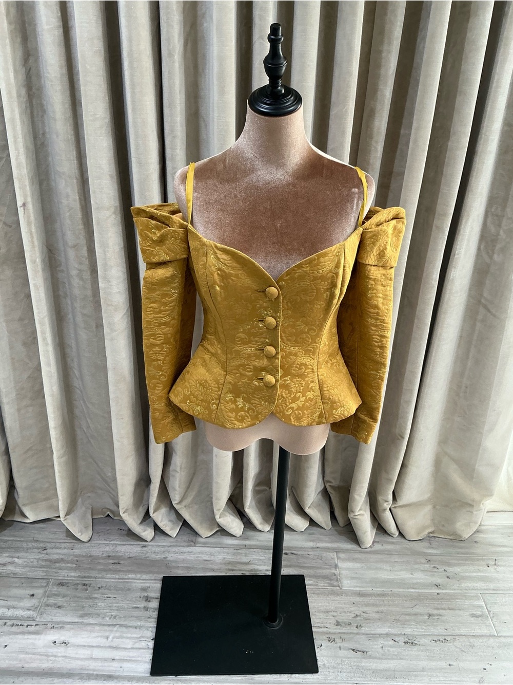 PAULE KA Mustard Yellow Off-Shoulder Jacquard Peplum Blouse